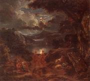 A pastoral scene with shepherds and nymphs dancing in the moonlight by the edge of a lake
